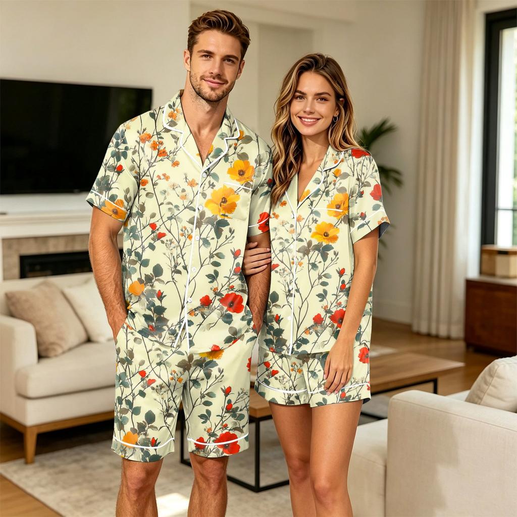 Herenbloemenprint Korte Mouw Pyjamaset met Borstzak voor Casual Slaapkleding en