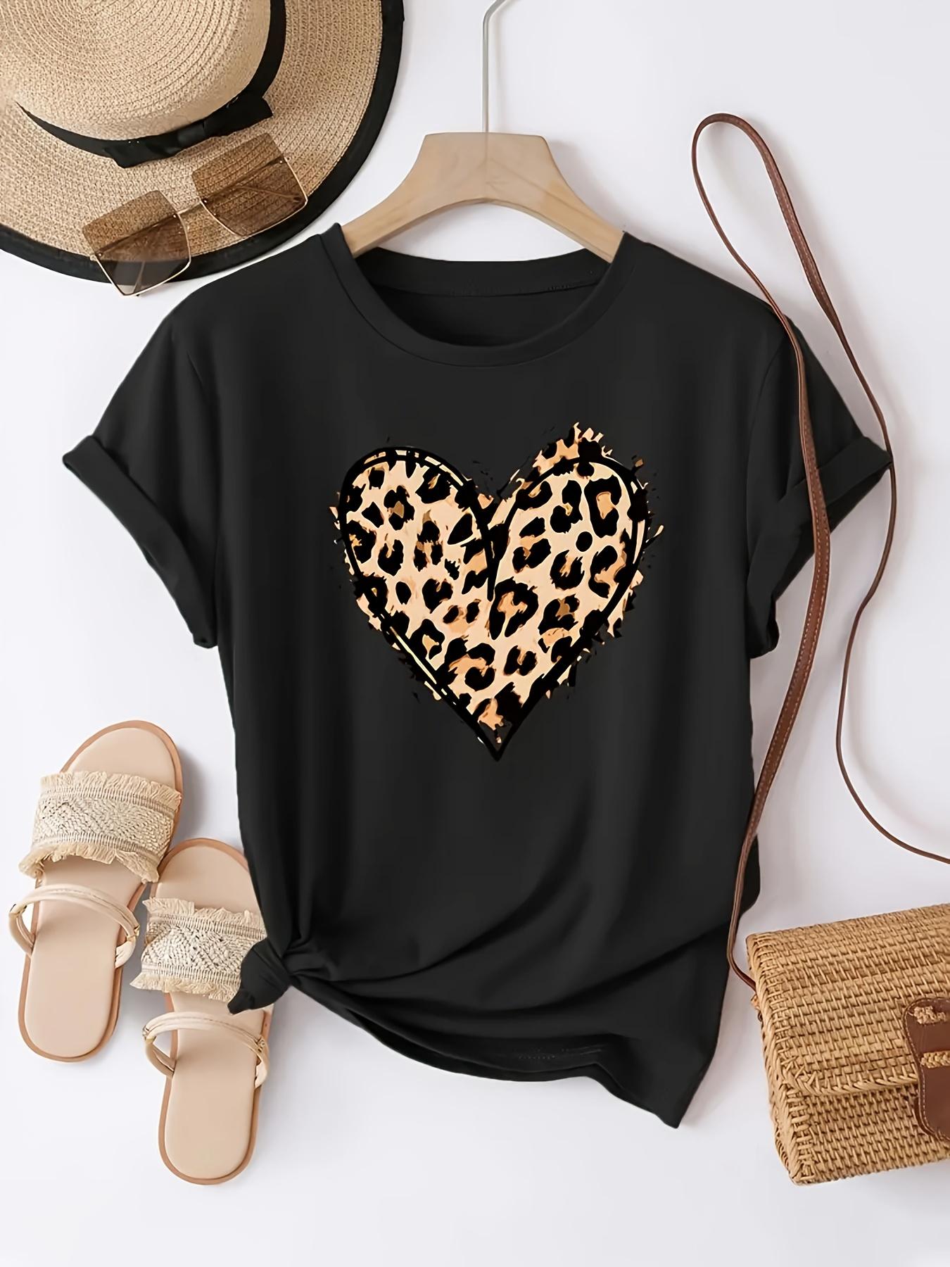 

Casual ShortSleeve Crew Neck TShirt for Women Featuring a Leopard Print Heart Design Suitable for Any Season S