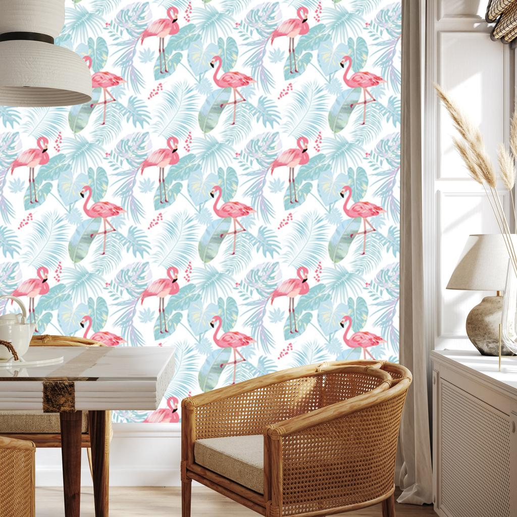 Flamingos and exotic leaves wallpaper in pastel 50x1000