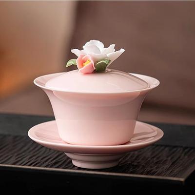 Ladies' Hovering Three-Talent Lidded Tea Bowl, Not Hot To the Touch, Pink Set, Handmade Ceramic Kung Fu Tea Cup, Single Lid Cup