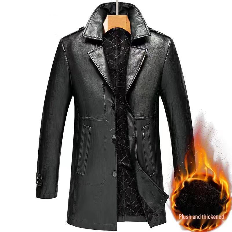 Cortavento Masculino de Couro Genuíno de Comprimento Médio: Gola de Terno, Com Veludo Extra, Quente, Jaqueta Casual de Negócios para Outono/Inverno.