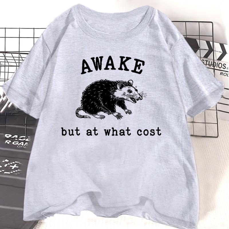 Awake But At What Cost Retro T-Shirt Women Funny Possum Graphic T-shirs Sarcastic Sayings T Shirt Round Neck Short Sleeve Tshirt