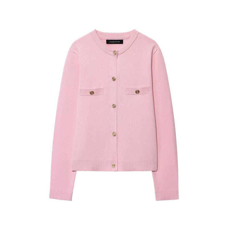 Kaslead New Women Clothes Western Style Fashion Simple and Versatile Gold Decorated Row Button Knitted Outerwear