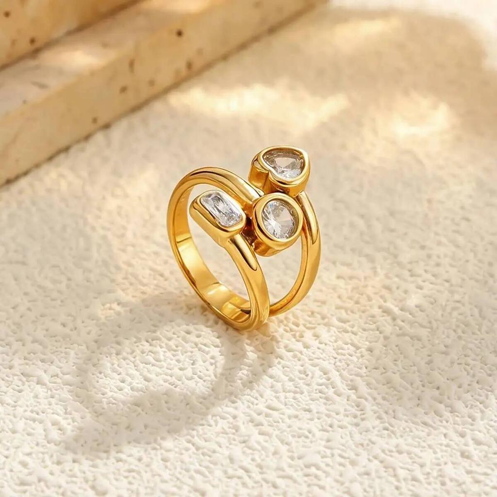 Salircon 5 Styles Exquisite Luxury Stainless Steel Zircon PVD18K Gold Color Plated Open Rings Women Fashion Jewelry Waterproof