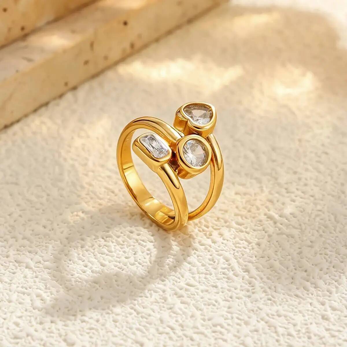 Salircon 5 Styles Exquisite Luxury Stainless Steel Zircon PVD18K Gold Color Plated Open Rings Women Fashion Jewelry Waterproof