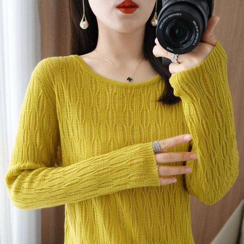 Women's Korean Style Loose Knit Pullover - Low Round Neck, Long Sleeve, Lightweight for Layering