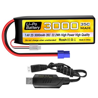 1 PIÈCE Batterie Lipo 2S 7.4V 3000mAh 35C avec Connecteur EC3 et Câble de Chargement USB pour Voiture RC Camion Bateau Télécommandé Quadricoptère RC Avion Drone FPV