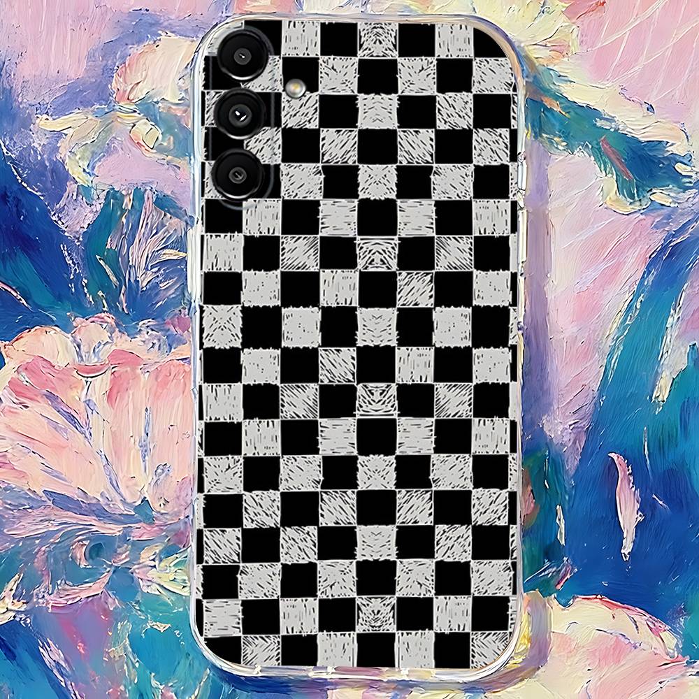 Black white Checkered Phone Case For Samsung S30,S25,S24,S23,S21,S22,S20,S10,5G,FE,lite,PIus,Ultra Transparent Cover
