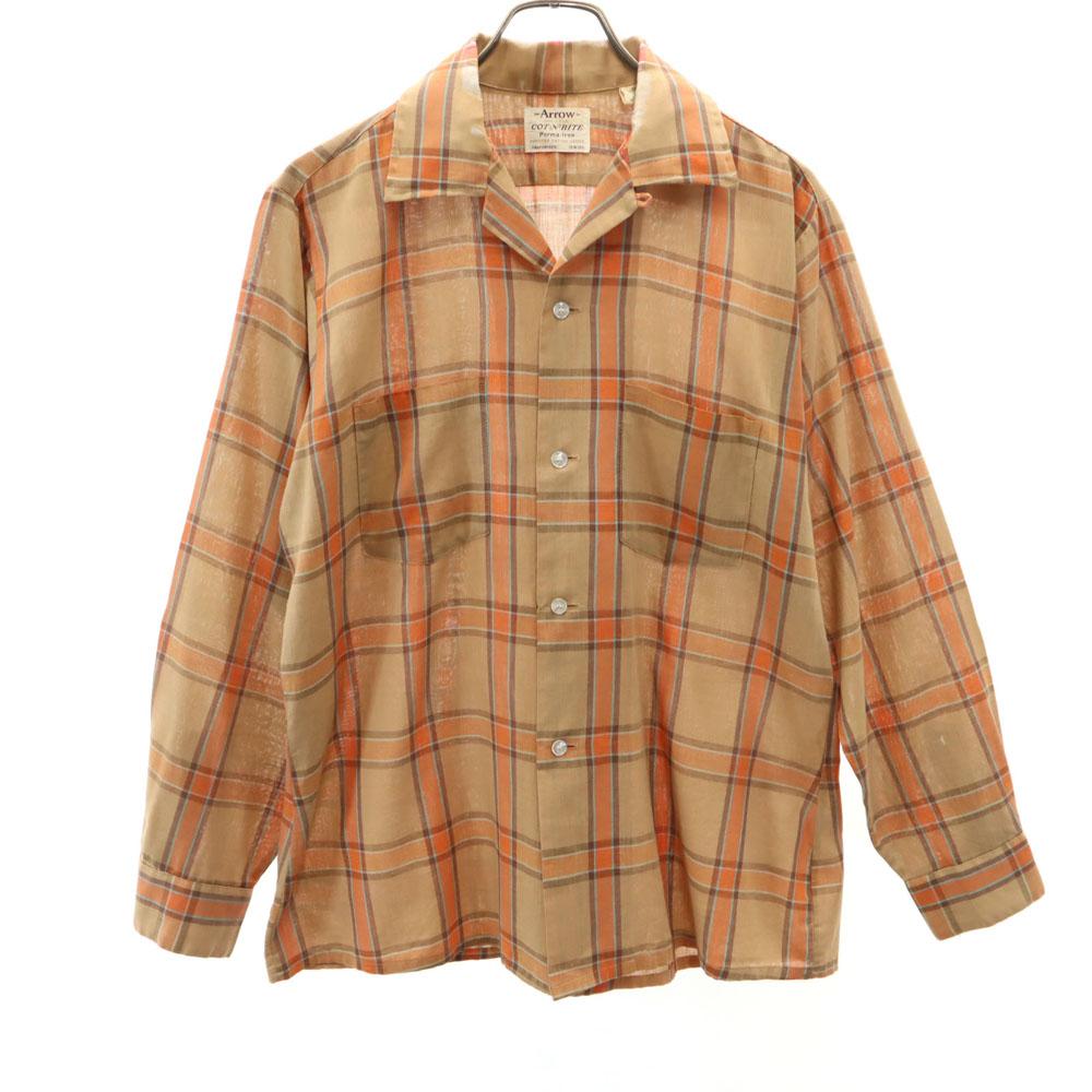 ARROW 60s Vintage USA made open collar Check Pattern Long sleeve Open color shirt Men's Used