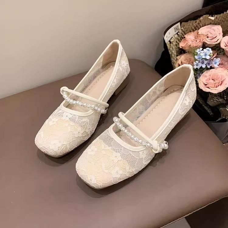 Summer shallow mouth flat bottom evening shoes gentle wind mesh breathable fairy French low heel with skirt French single shoes woman