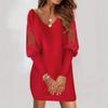 Autumn new V-neck long-sleeved printed lace splicing dress for women