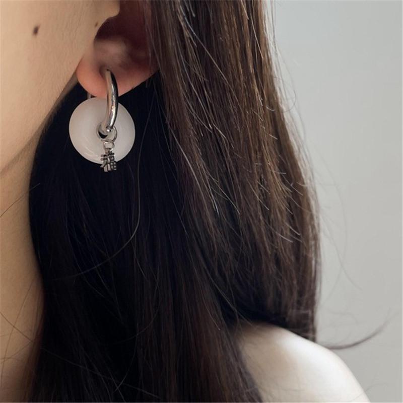 New Unique Green Jade Round Stainless Steel Hoop Earrings For Women Vintage Elegant Earclip Earrings Statement Jewelry