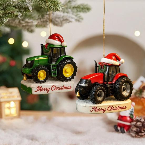 Christmas Ornament Tractor Wearing Xmas Hat Charm Festive Hanging Decoration Holiday Seasonal Home Accent
