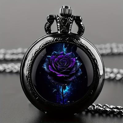 Retro Rose Quartz Movement Pocket Watch Stylish Black Necklace Chain Classic Accessory for Women