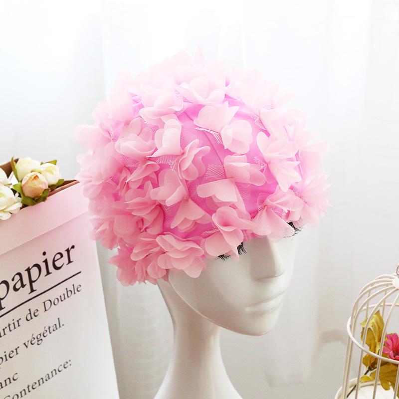 Damen 3D Blumen Design Badekappe Wasserdicht Elastisch Weich Bade Duschhaube für Damen Tauchen Schwimmen Strandkappe Badezimmerzubehör