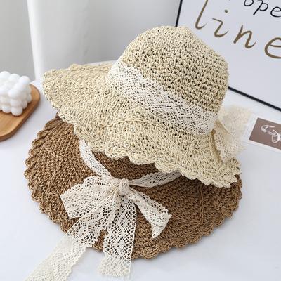 New Summer Beach Hat For Women Popular Wide Brim Straw Bucket Hat With Lace Butterfly Female Outdoor Sunscreen Cap Party Gift