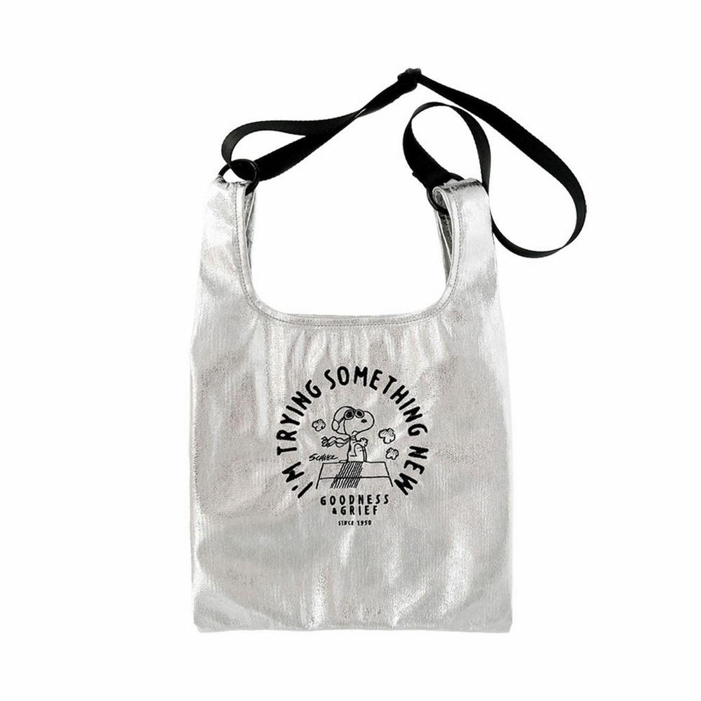 Rootote Snoopy Embroidered Shoulder Bag, 2-Way IP Roo Shopper, Metallic, Peanuts-0Q 8447 (02 Silver)