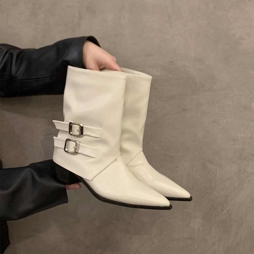 Pointed high heel brown small short boots women's shoes spring and autumn single boots retro belt buckle medium tube pants tube boots