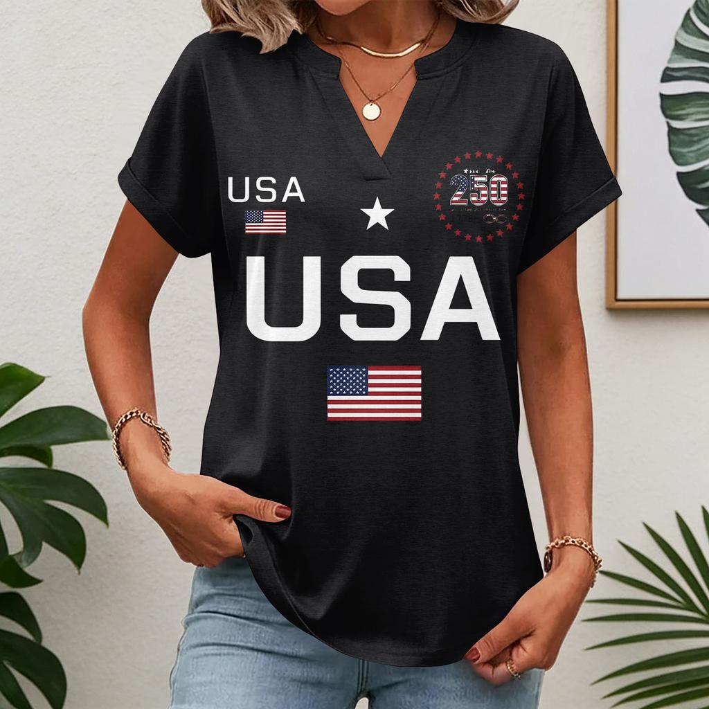 Womens Spring Tops USA Letter Print Summer Shirts for Women Casual V Neck Womens Summer Shirts Short Sleeve Tee