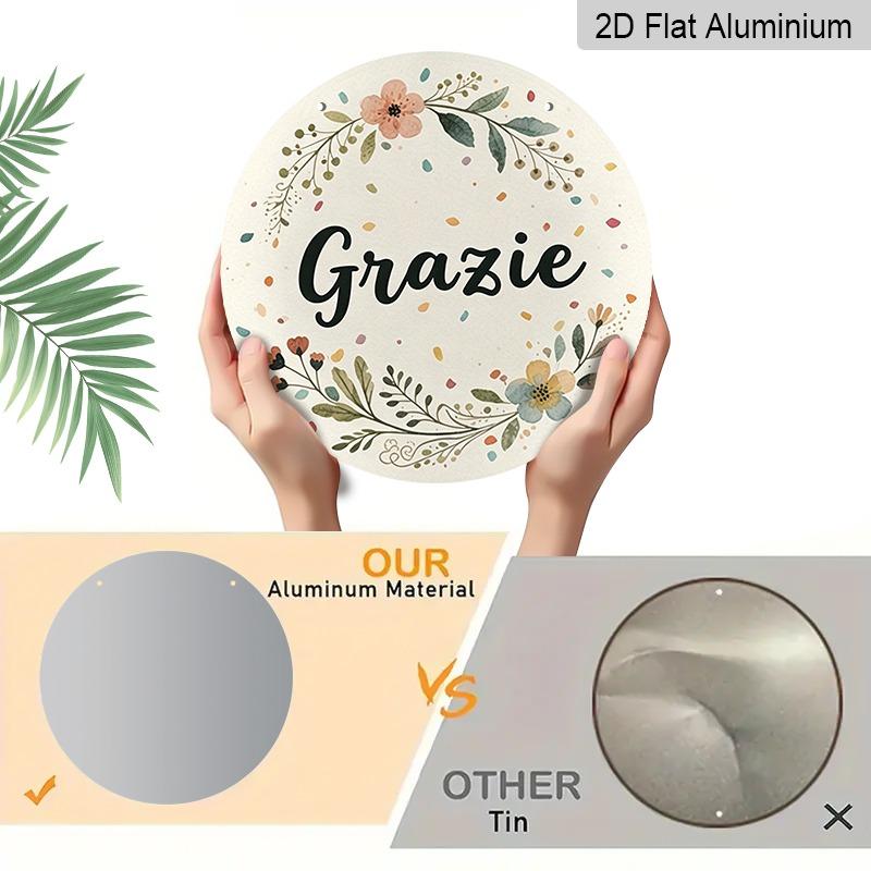 2D Flat Retro Aluminum Wall Sticker, Various Sizes, Thank You Teacher, Watercolor Floral "Grazie" Thank You Sign, Italian Bohemian Style Wreath