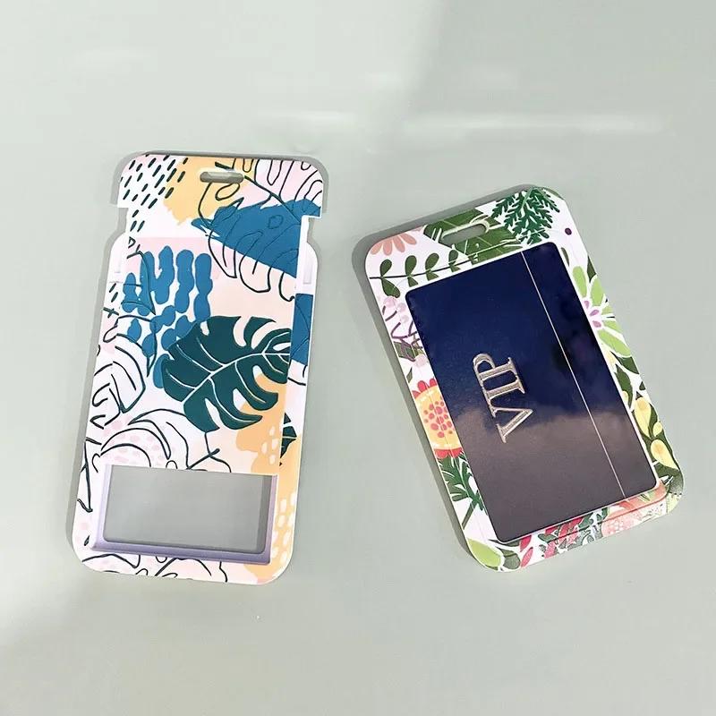 Women Green Cards Protecting Credit Card Holder with Lanyard String Student Plant Print Bus ID Name Badge Plastic Card Cover