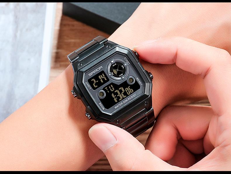 Sanda Men's Waterproof Multifunctional Digital Watch - Small Square, Steel Band