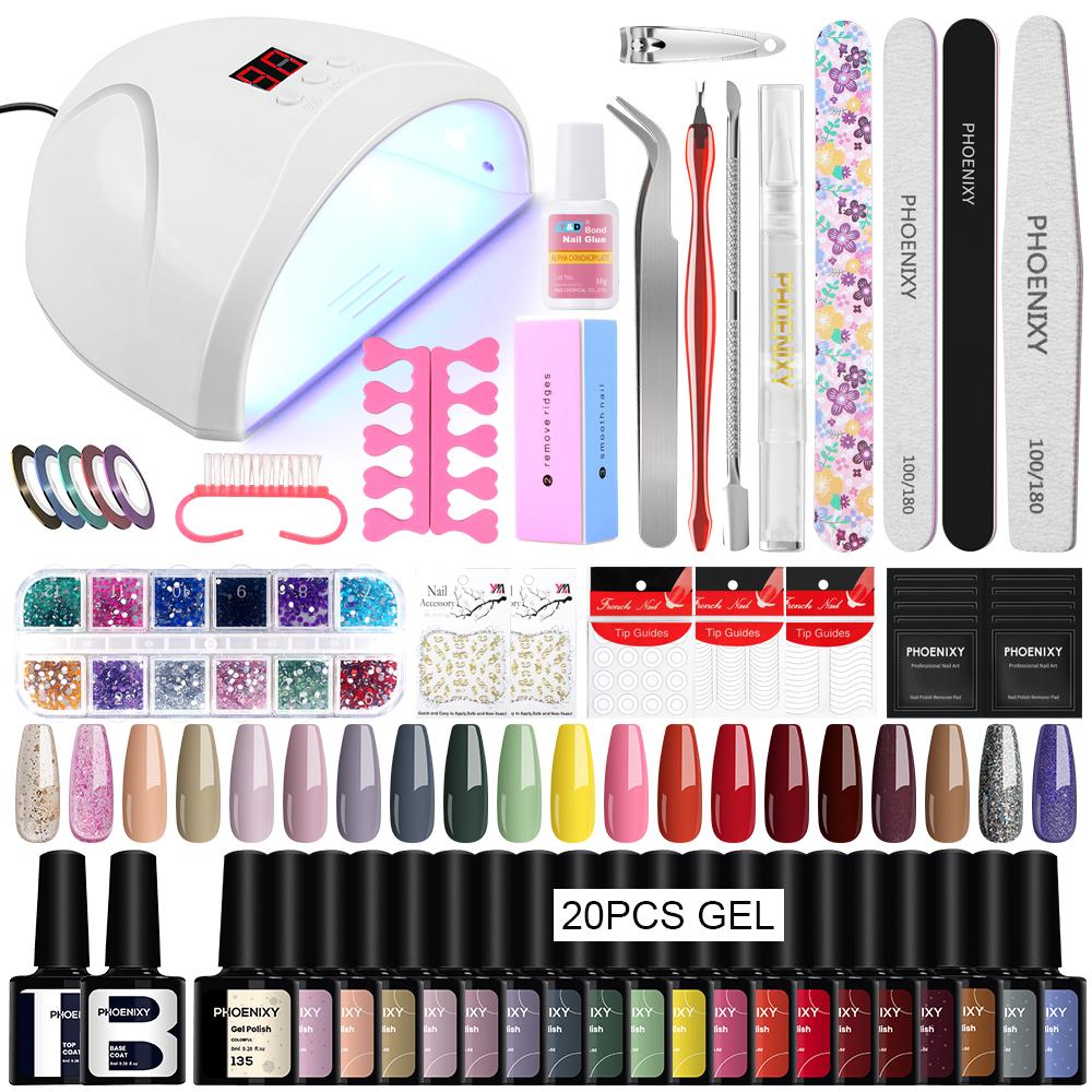 PHOENIXY 20 Colors & Base Top Coat Set Gel Nail Polish Kit with 36W LED Light Gel Varnish UV LED Nail Lamp Manicure Tools Popular Nail Art Designs
