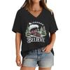 Believe Christmas Train Tops  Tees Vneck Short Sleeve Soft Tee Merry Christmas Tree Graphic T Shirts Women Xmas Gift Clothes