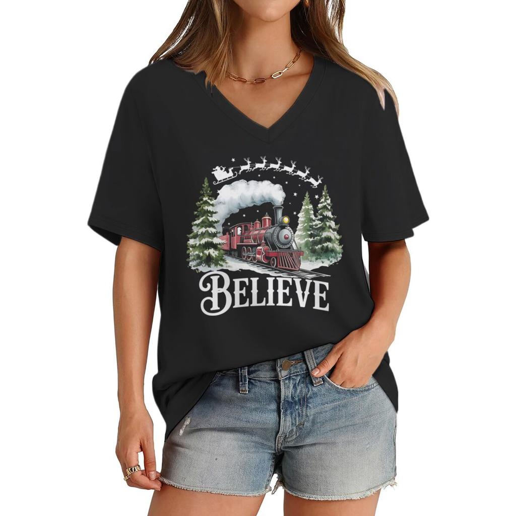 Believe Christmas Train Tops  Tees Vneck Short Sleeve Soft Tee Merry Christmas Tree Graphic T Shirts Women Xmas Gift Clothes