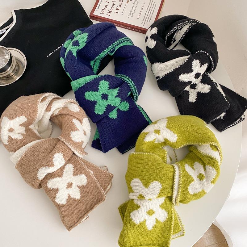 New flower solid color soft waxy knitted wool scarf female autumn and winter student versatile warm scarf