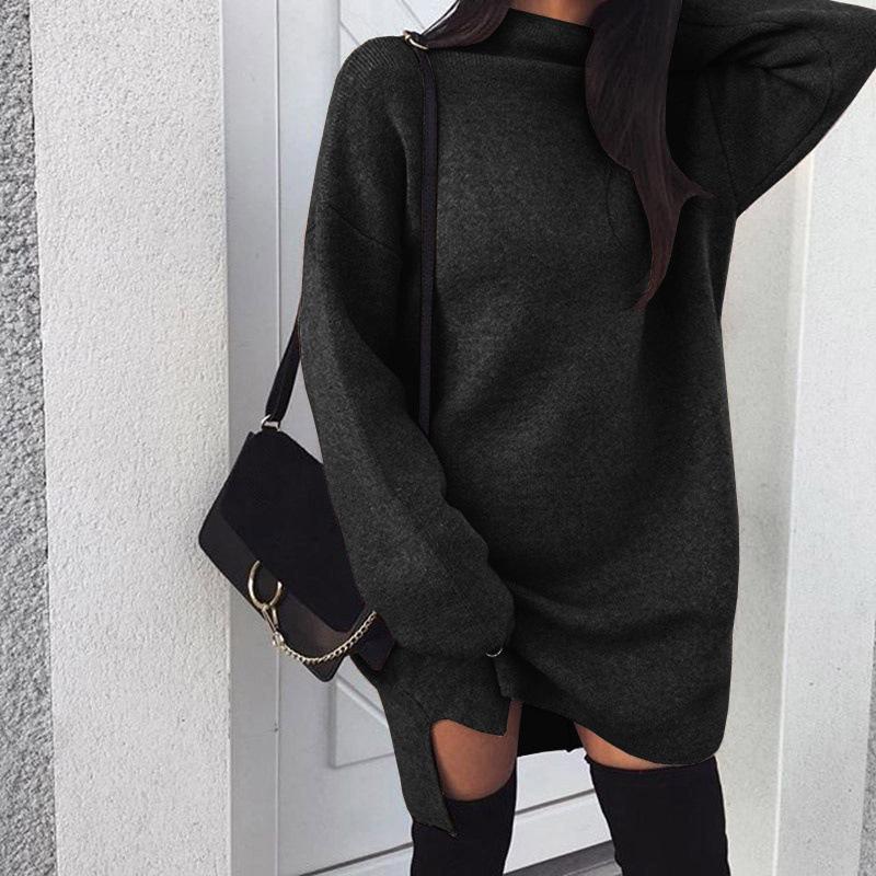 2023 European & American Plus Size Loose Knit High Neck Slit Dress for Women
