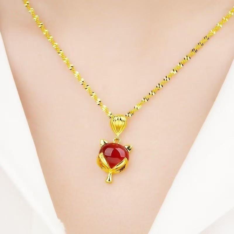 Elegant Red & Gold Cat's Eye Water Wave Necklace with Gold Pendant for Women