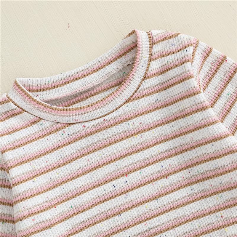 Toddler Baby Boys Girls Fall Waffled Clothes Stripe Long Sleeve Round Neck Pullover Elastic Waist Long Pants 2Pcs Outfit