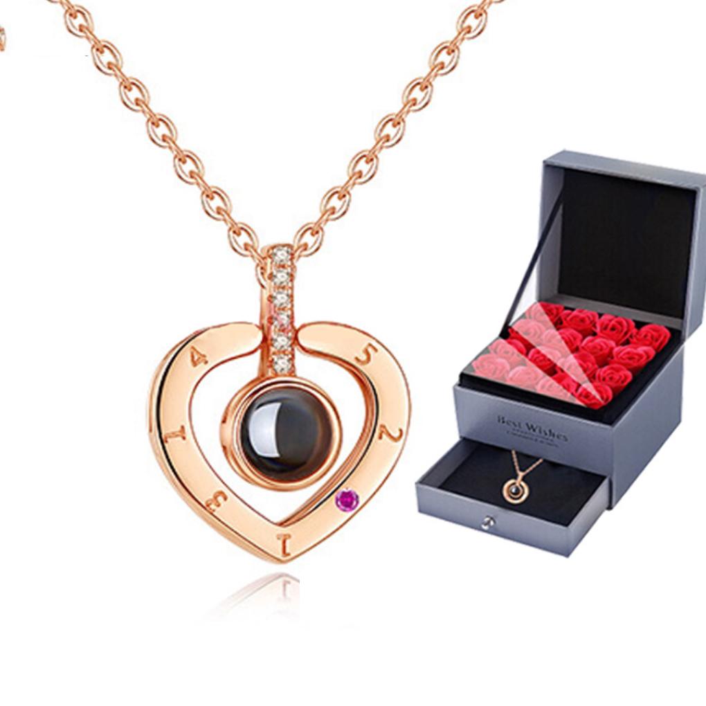 Heart Shape Women Necklace Brass 100 Loving Words Glass Pendant Girl Neck Jewelry Accessories