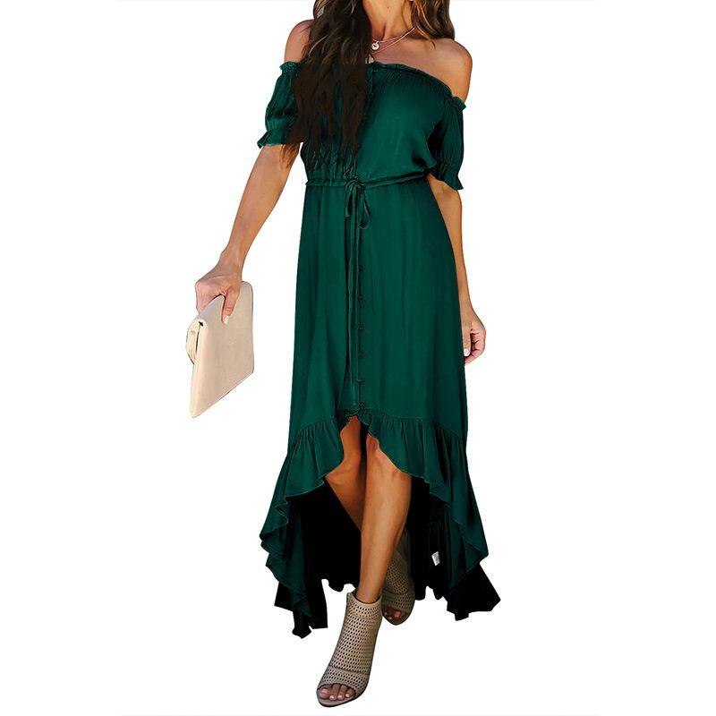 

Fashion off-Shoulder Dress Women 2024 Summer New Arrival Solid Color Mid-Waist Short Sleeve Basic Simple Dress Dress Women