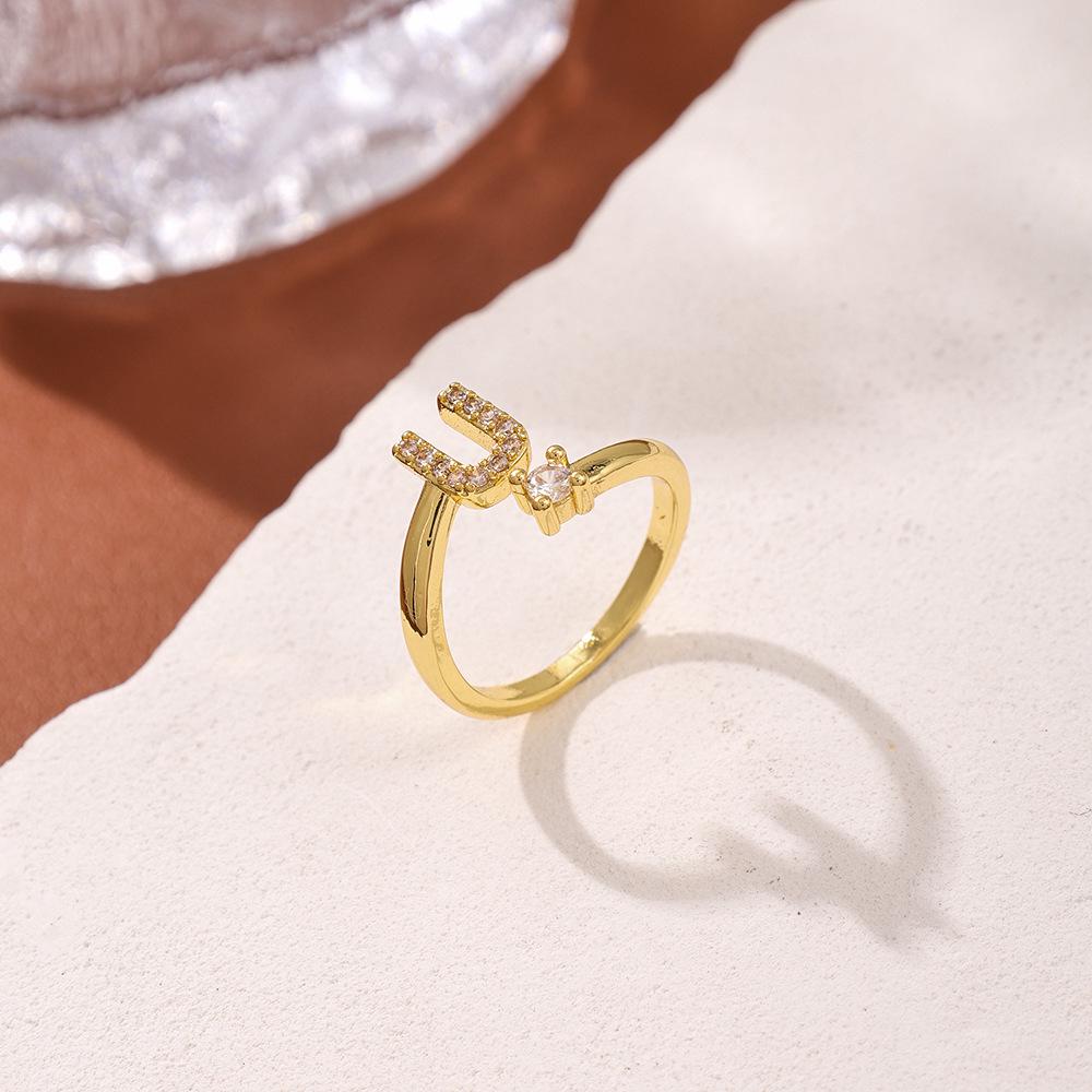 Copper Inlaid Zircon Alphabet Ring: Women's Fashionable Adjustable Open Ring
