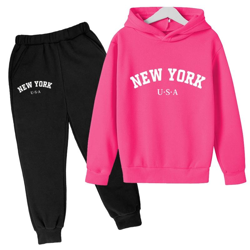 Kids Fashion Hoodie Boy Girl Toddler Pullover 3-12Years NEW YORK USA Letter Print Clothes Casual Top+Trousers 2P Coat Sports Set