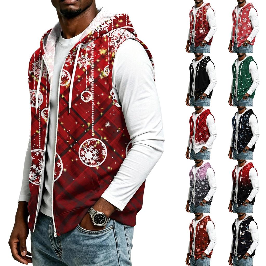 Men's Hooded Sleeveless Casual Zip-Up Sports Vest with Christmas Print Holiday Party Outfit