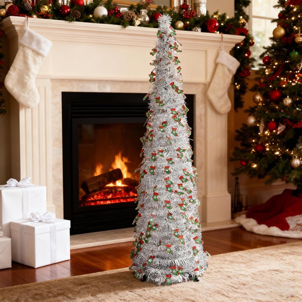 Decorated Christmas Tree 5Ft Retractable Home Decor Fake Christmas Tree With Installation Accessories For Indoor Outdoor Living