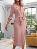 2024 Autumn Solid Color Lapel Waist Tie Slit Dress for Women