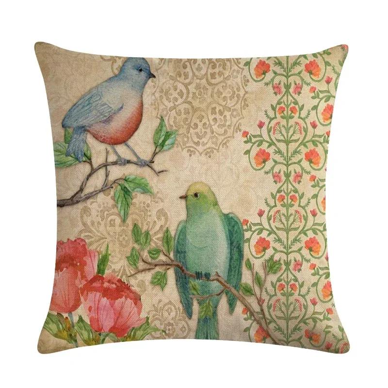 Lovely Flower And Bird Cushion Cover Retro Print Linen Pillowcase Decoration Living Room Bedroom Sofa Car 45*45Cm