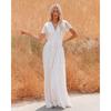 Women White Short Sleeve Deep V Lace Tulle Maxi Dress Elegant Boho Beach Wedding Bridal Gown Autumn Summer Vacation Bridesmaid Long Dress