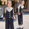 Fashion casual denim suit women's summer new age-reducing lace hooded vest short-sleeved T-shirt wide-leg pants three-piece set