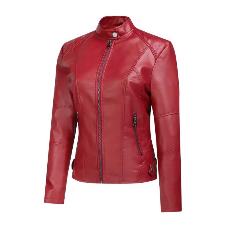 

European & American Women s Retro Leather Motorcycle Jacket with Zipper L червоний