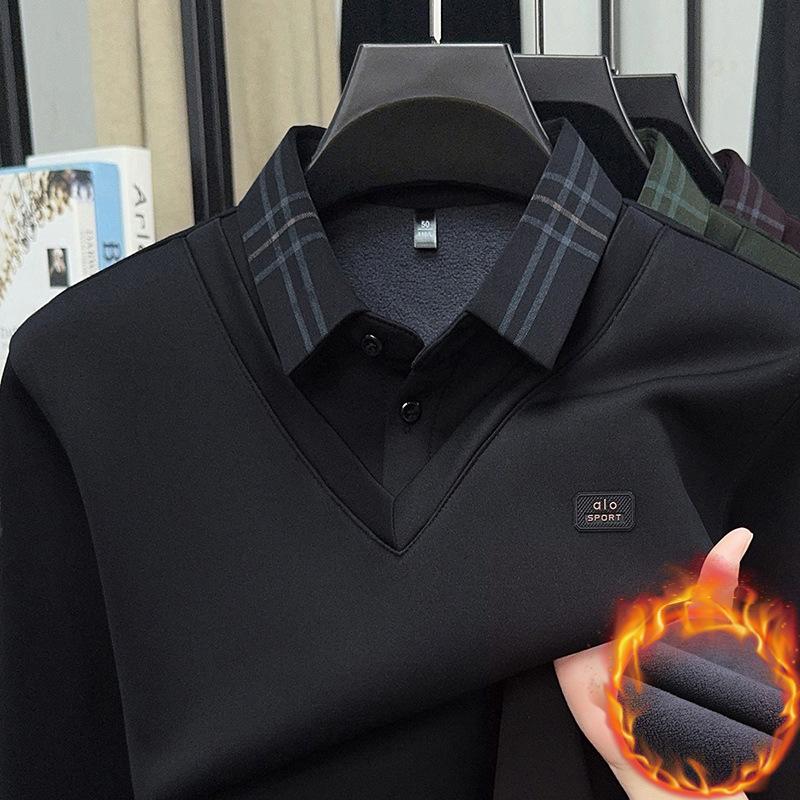 Winter Men s Long Sleeve T-Shirt Fashion Business Patchwork Lapel Collar Polo Shirt M тёмно-синий