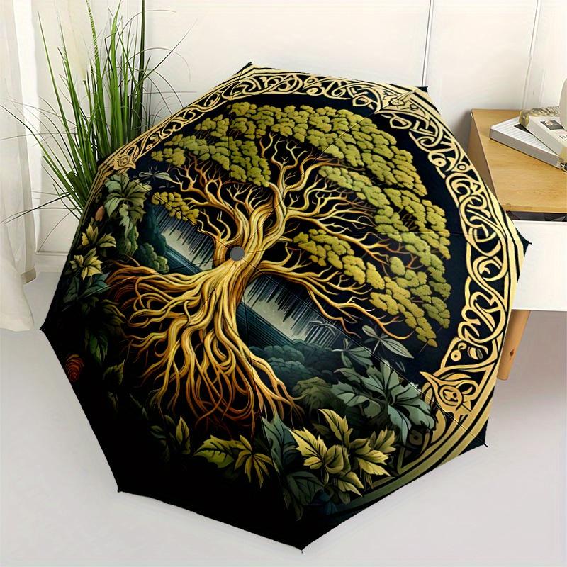 1pc Tree of Life Automatic Folding Umbrella, 8-Rib Sturdy Canopy, Portable Travel Umbrella for Outdoor Use