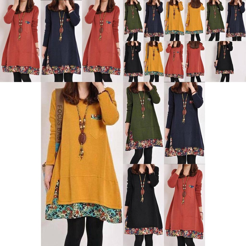 Cozy Women Fall Winter Floral Print Dress Long Sleeve Stylish Patchwork Jumper Top