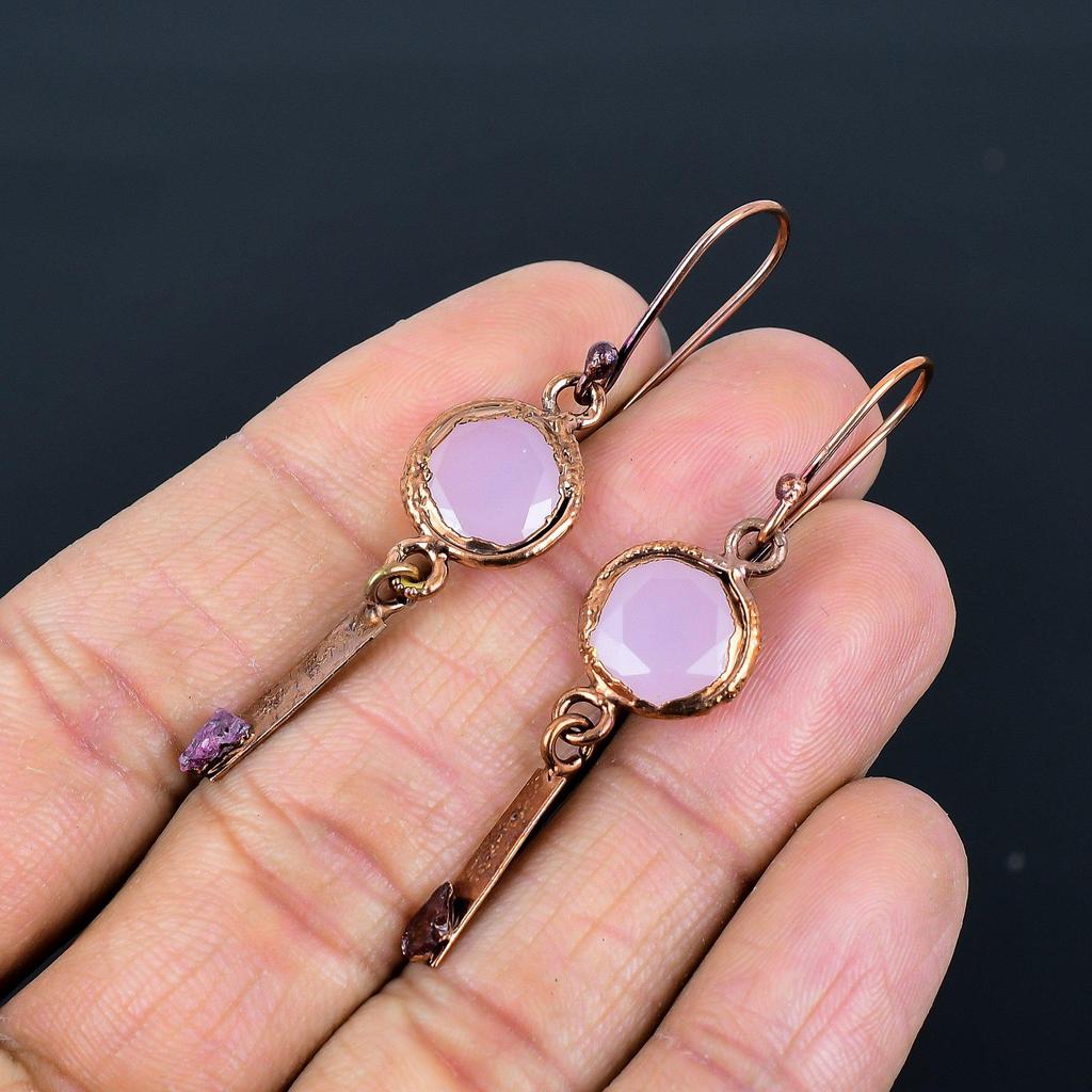 Pink Chalcedony Earrings Gemstone Jewelry, Copper Electroformed Handmade Earrings, Latest Design Jewelry