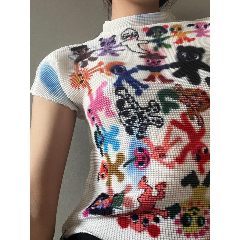 

Women s Pleated Graffiti Print Short Sleeve Fashion Top One Size