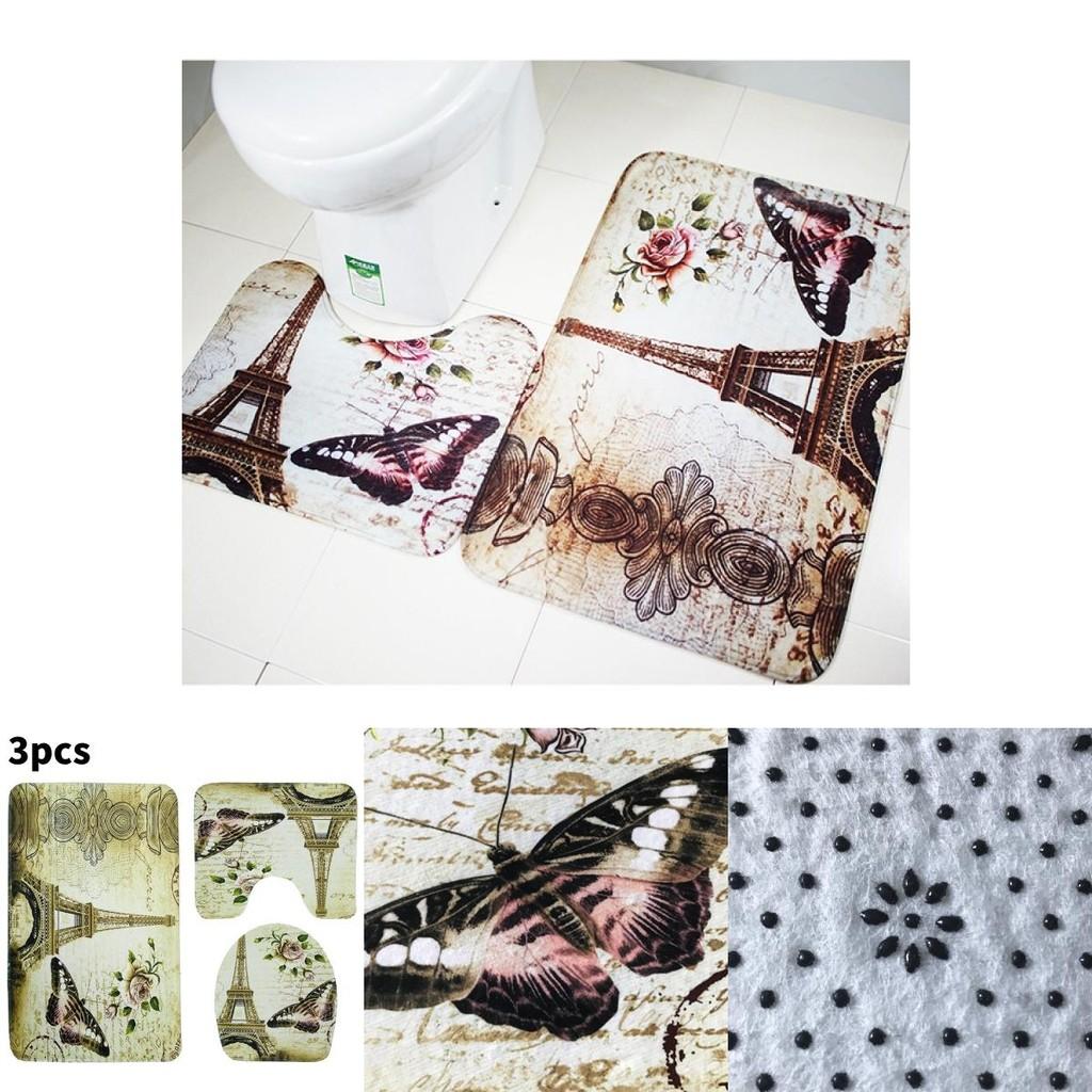 Butterfly Tower Bath Mat Set Polyester Non Slip Absorbent Rug For Bathroom Decor